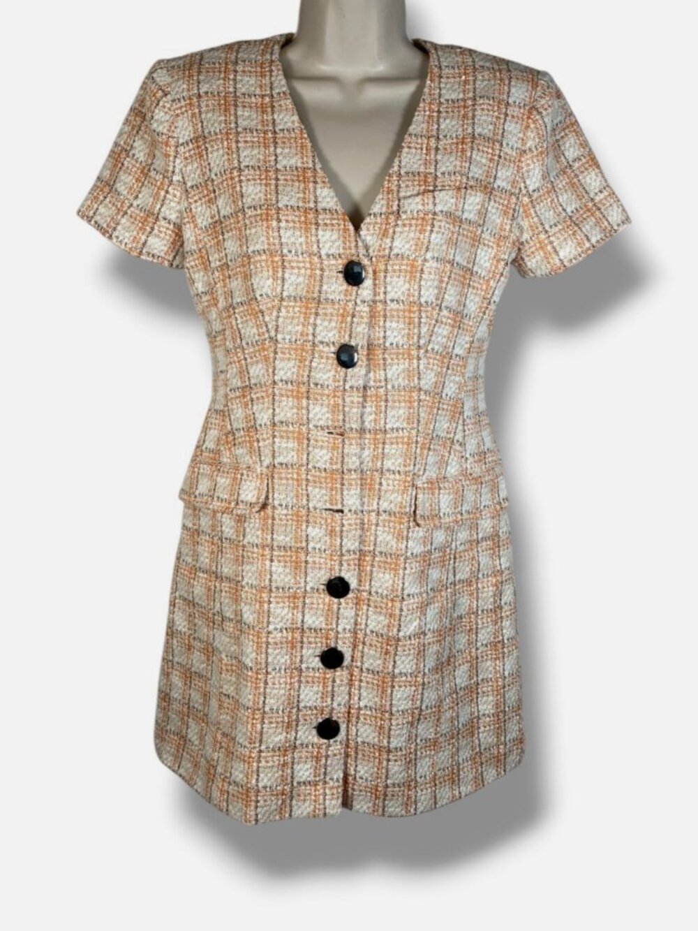 Toccin Women's Orange Phoebe Tweed Short-Sleeve Mini Dress Size 6